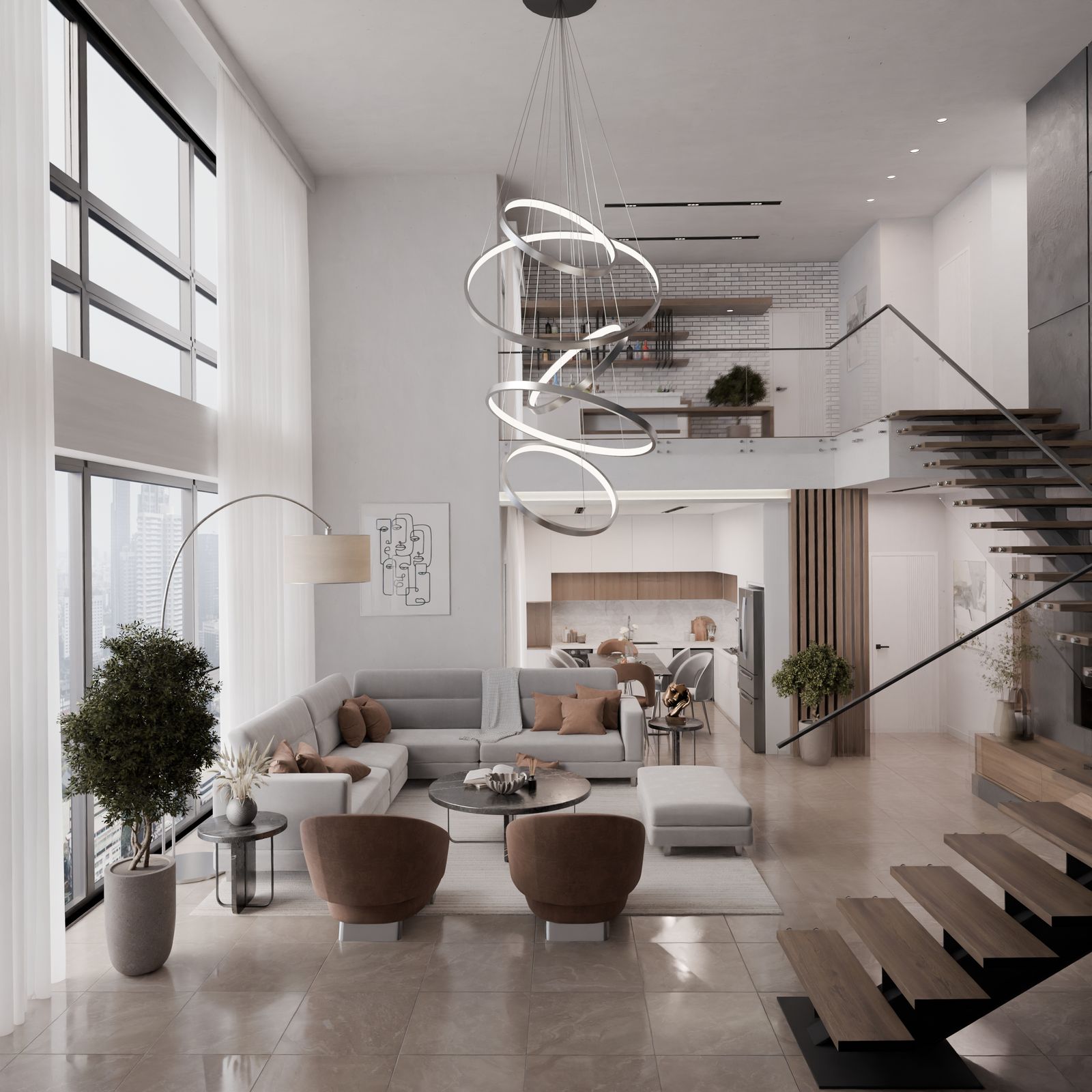 Grand séjour en duplex avec escalier suspendu